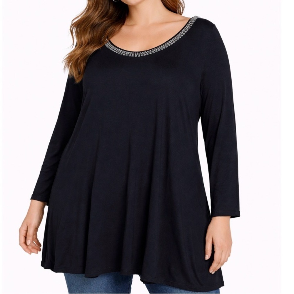 NEW Cable & Gauge Top blouse black bat wing rhinestone neckline slit shoulders